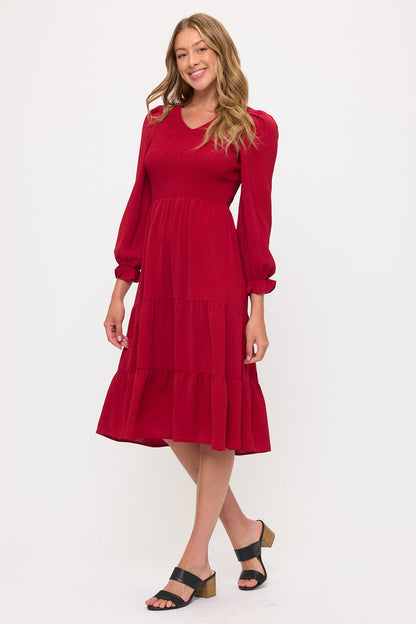 Smocked Tiered Midi Dress with Puff Sleeves