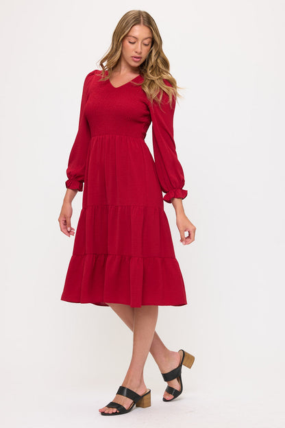 Smocked Tiered Midi Dress with Puff Sleeves