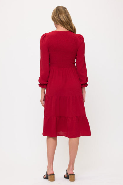 Smocked Tiered Midi Dress with Puff Sleeves