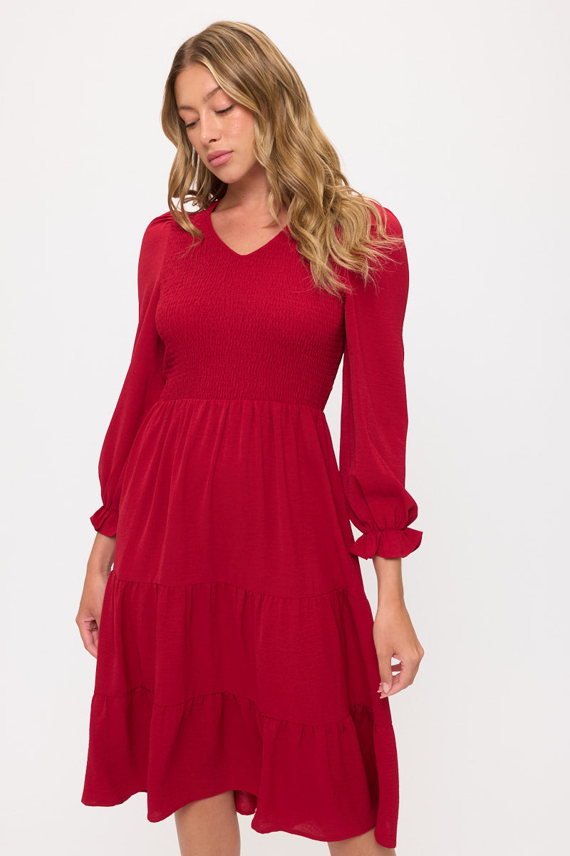 Smocked Tiered Midi Dress with Puff Sleeves