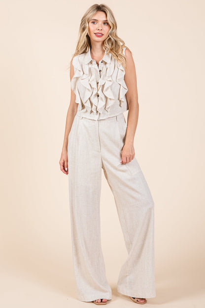 Two Piece Linen Ruffled Top and Wide Leg Pants Set