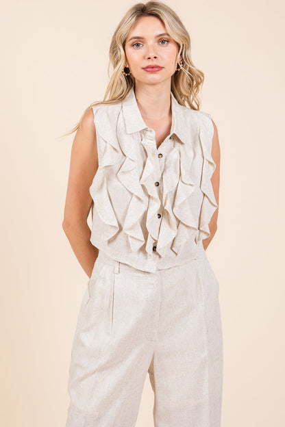 Two Piece Linen Ruffled Top and Wide Leg Pants Set