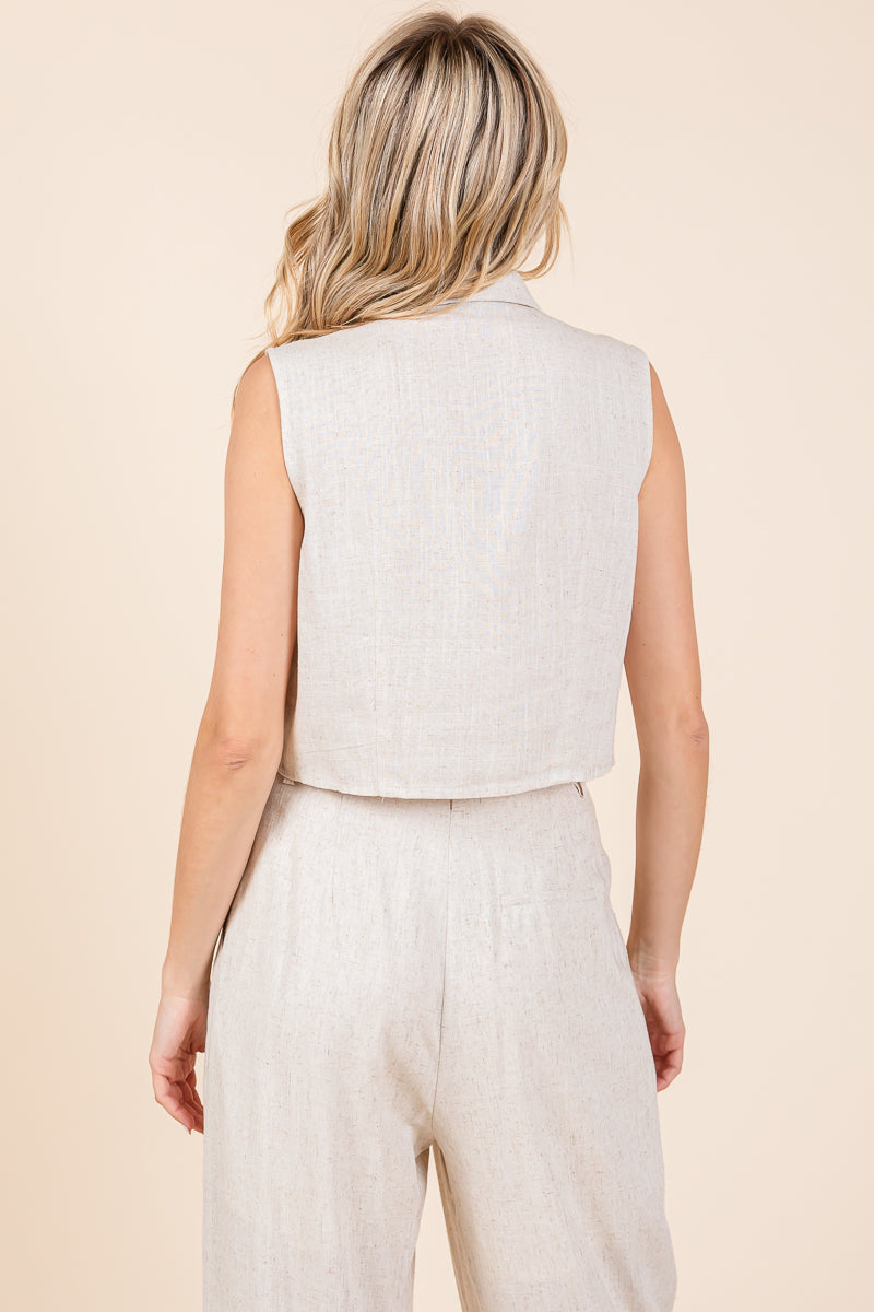 Two Piece Linen Ruffled Top and Wide Leg Pants Set