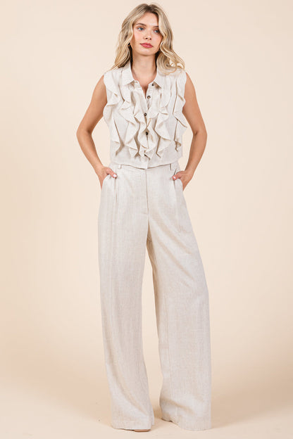 Two Piece Linen Ruffled Top and Wide Leg Pants Set