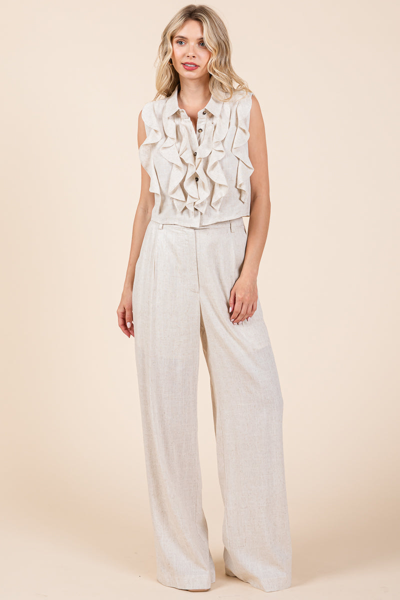 Two Piece Linen Ruffled Top and Wide Leg Pants Set