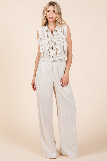 Two Piece Linen Ruffled Top and Wide Leg Pants Set