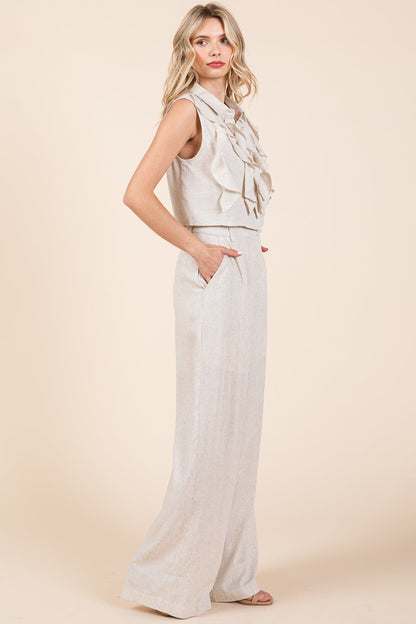 Two Piece Linen Ruffled Top and Wide Leg Pants Set