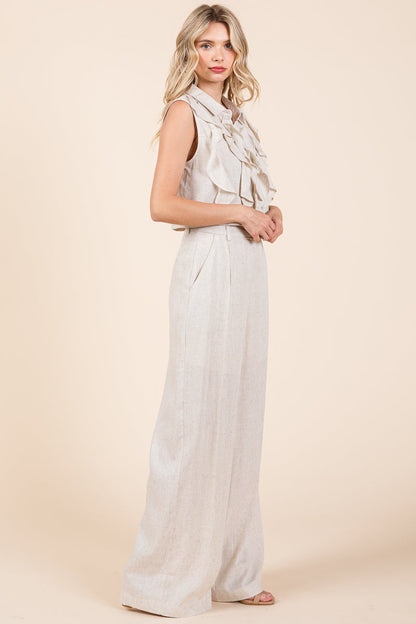 Two Piece Linen Ruffled Top and Wide Leg Pants Set