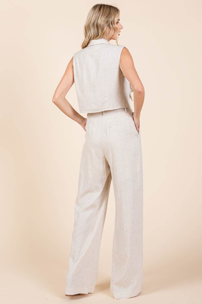 Two Piece Linen Ruffled Top and Wide Leg Pants Set