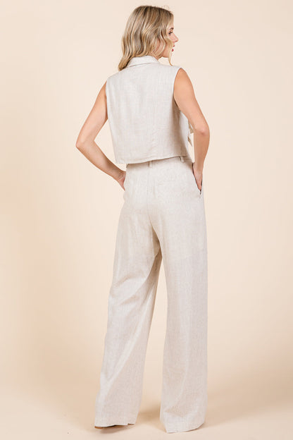 Two Piece Linen Ruffled Top and Wide Leg Pants Set