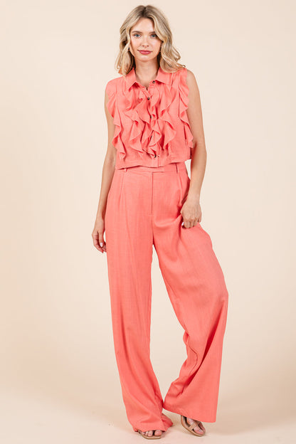 Two Piece Linen Ruffled Top and Wide Leg Pants Set