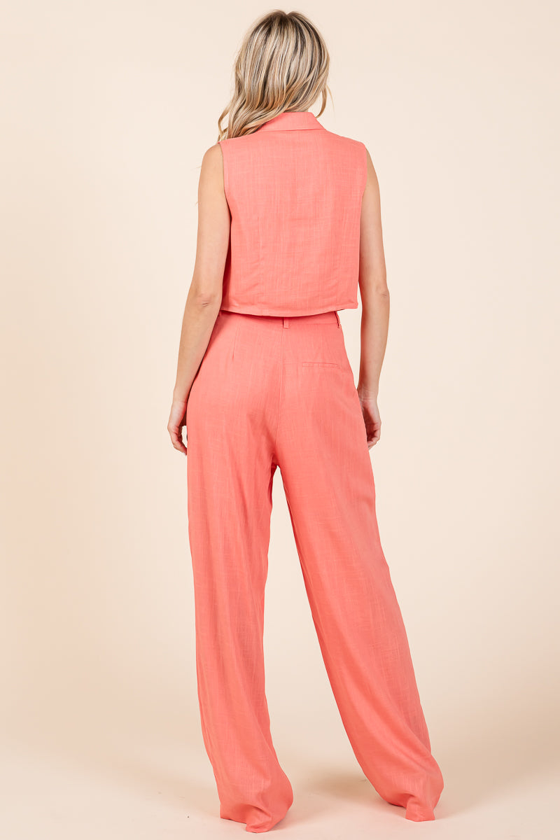 Two Piece Linen Ruffled Top and Wide Leg Pants Set