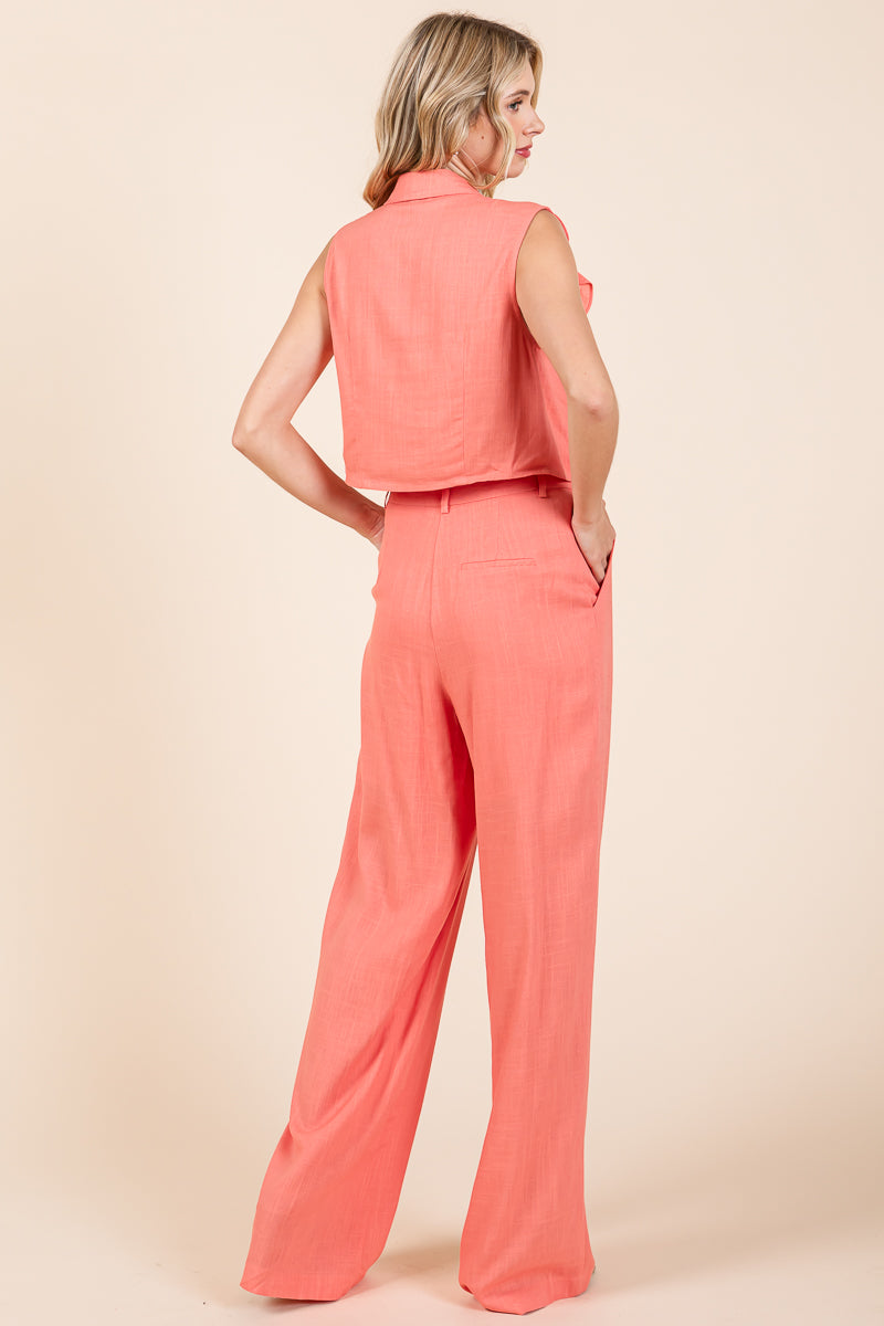 Two Piece Linen Ruffled Top and Wide Leg Pants Set