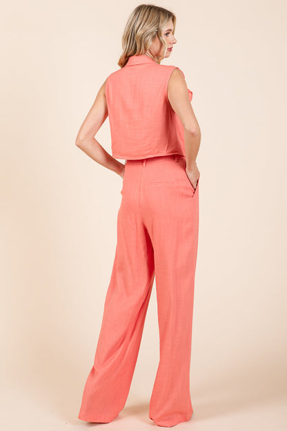 Two Piece Linen Ruffled Top and Wide Leg Pants Set