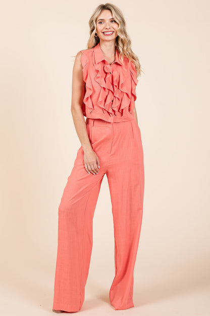 Two Piece Linen Ruffled Top and Wide Leg Pants Set