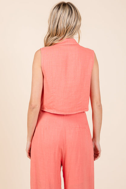 Two Piece Linen Ruffled Top and Wide Leg Pants Set