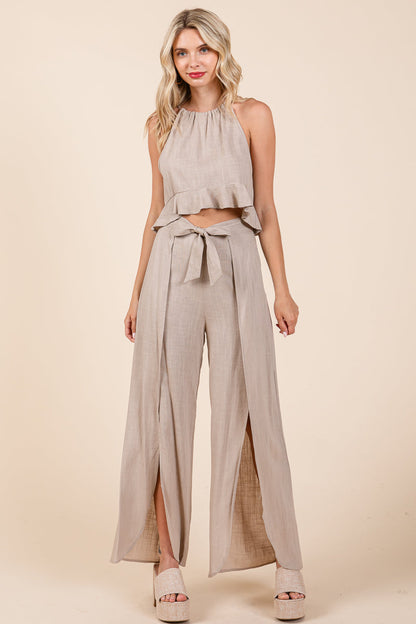Linen Crop Top and Wide Slit Pants Two Piece Sets