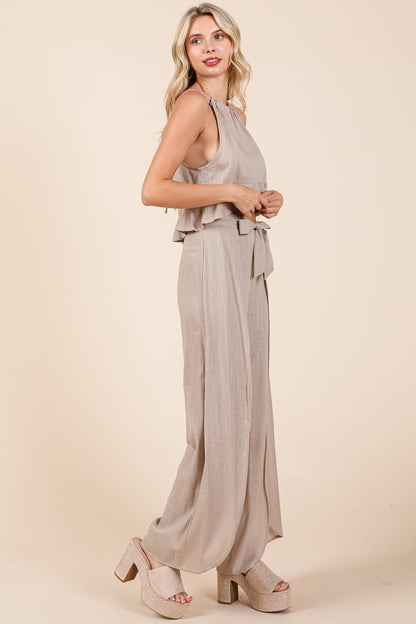 Linen Crop Top and Wide Slit Pants Two Piece Sets