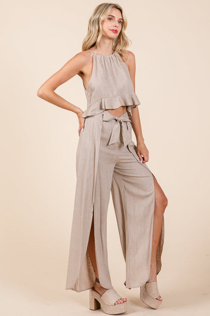 Linen Crop Top and Wide Slit Pants Two Piece Sets