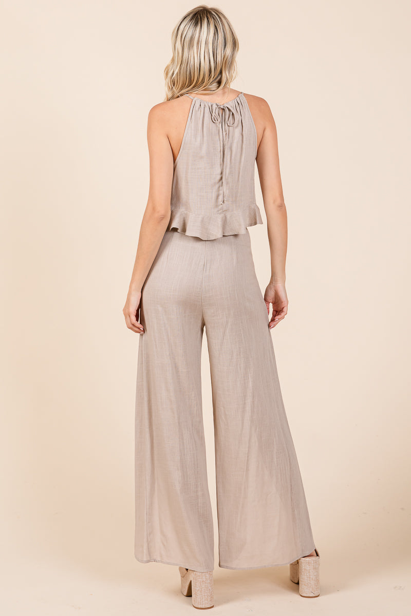 Linen Crop Top and Wide Slit Pants Two Piece Sets