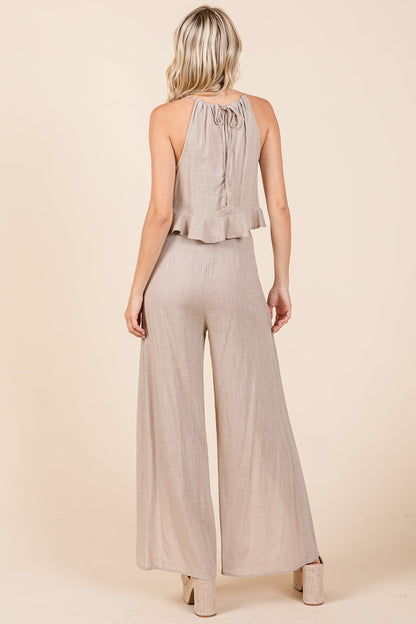 Linen Crop Top and Wide Slit Pants Two Piece Sets