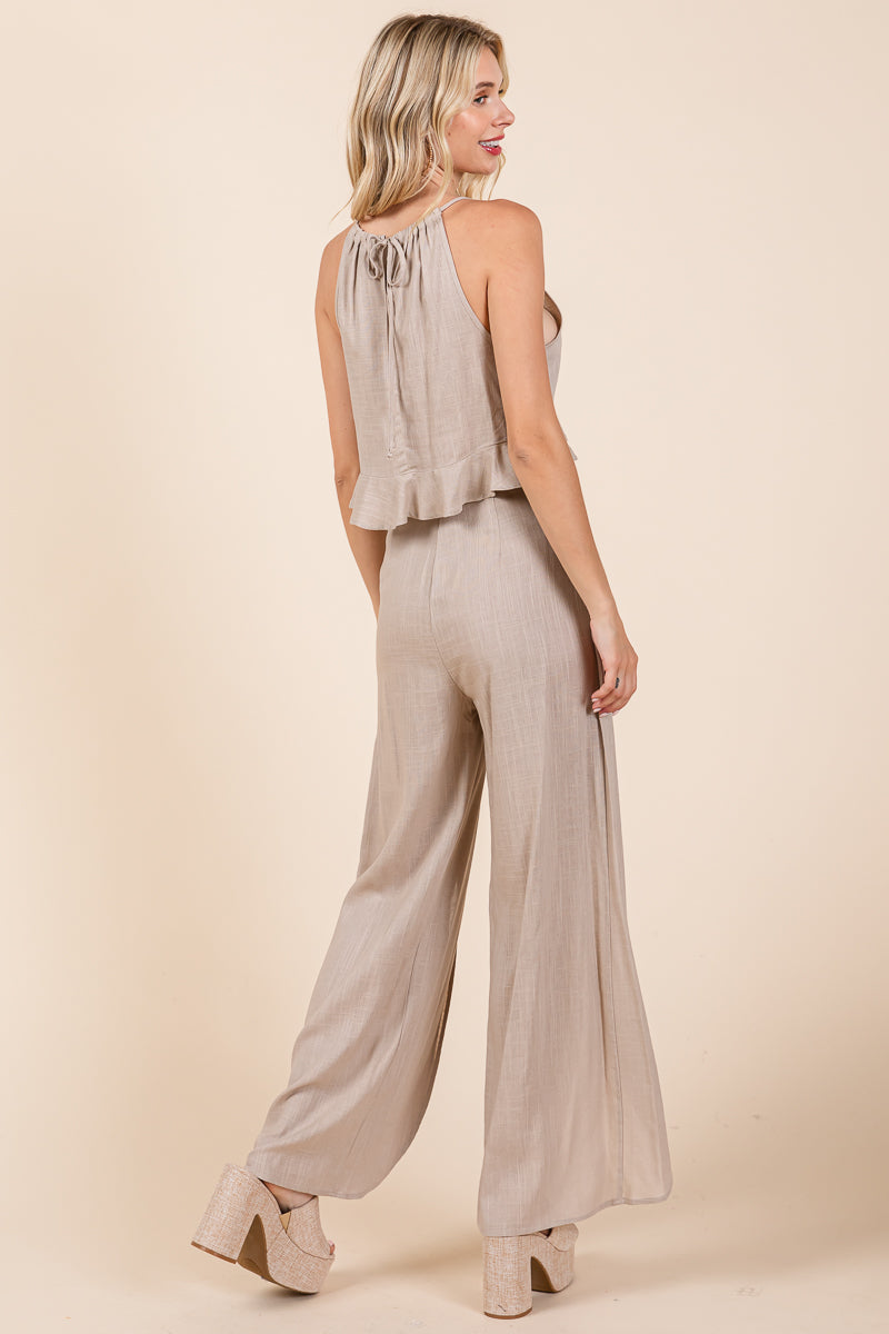 Linen Crop Top and Wide Slit Pants Two Piece Sets