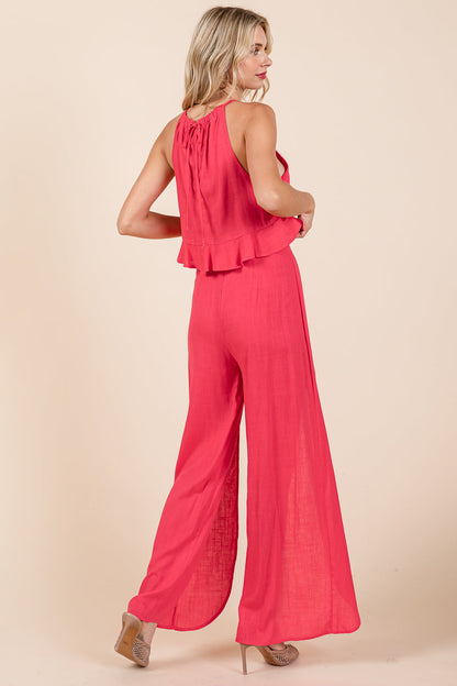 Linen Crop Top and Wide Slit Pants Two Piece Sets