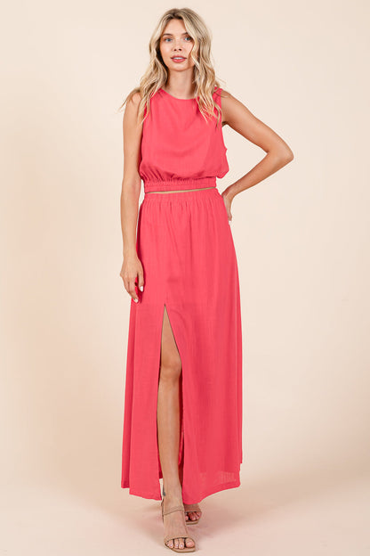 Linen Crop Top and Split Thigh Maxi Skirt Set