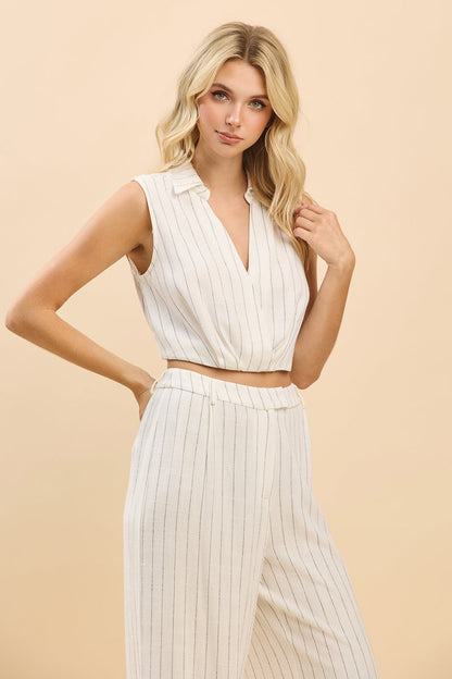 Striped Collared Crop Top & Wide-Leg Pants Sets