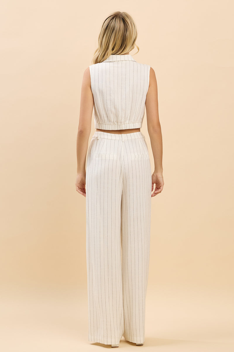 Striped Collared Crop Top & Wide-Leg Pants Sets