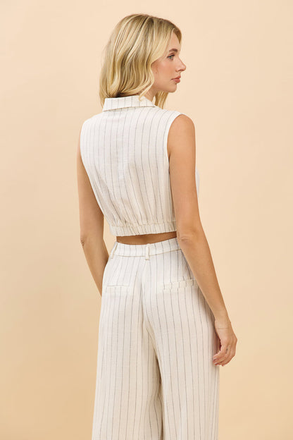 Striped Collared Crop Top & Wide-Leg Pants Sets