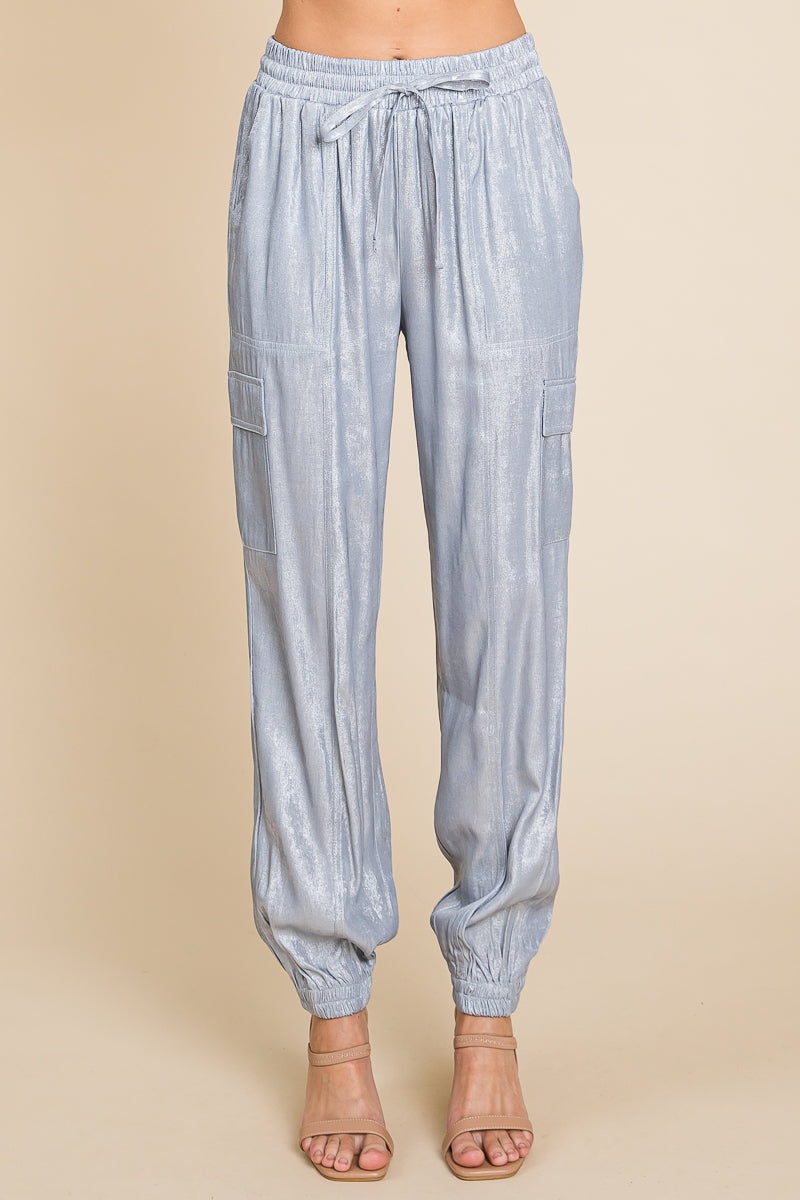 Foil Effect Drawstring Waist Cargo Pants Joggers
