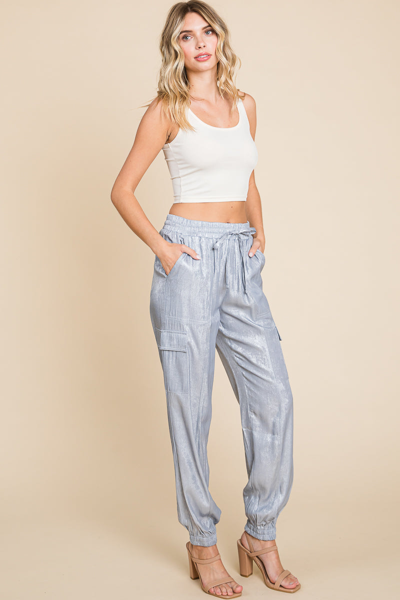 Foil Effect Drawstring Waist Cargo Pants Joggers