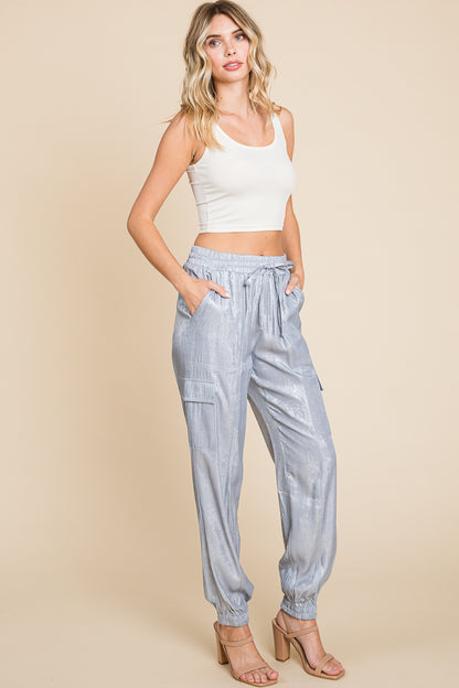 Foil Effect Drawstring Waist Cargo Pants Joggers