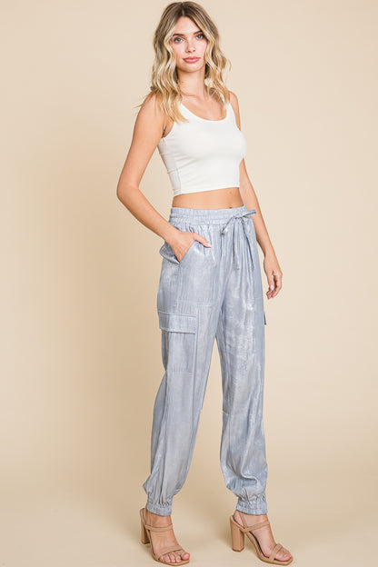 Foil Effect Drawstring Waist Cargo Pants Joggers