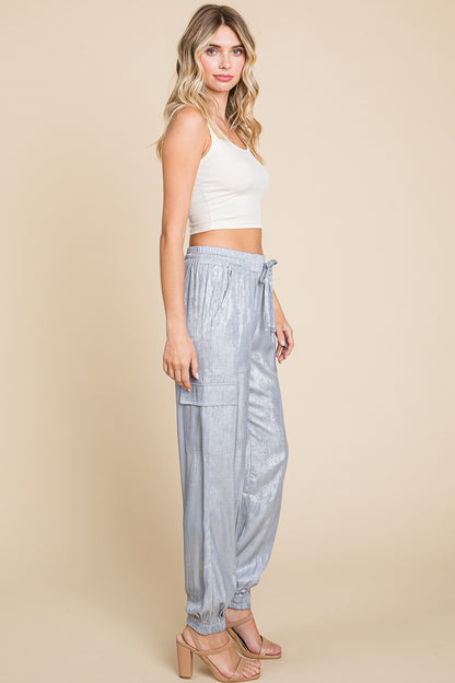 Foil Effect Drawstring Waist Cargo Pants Joggers