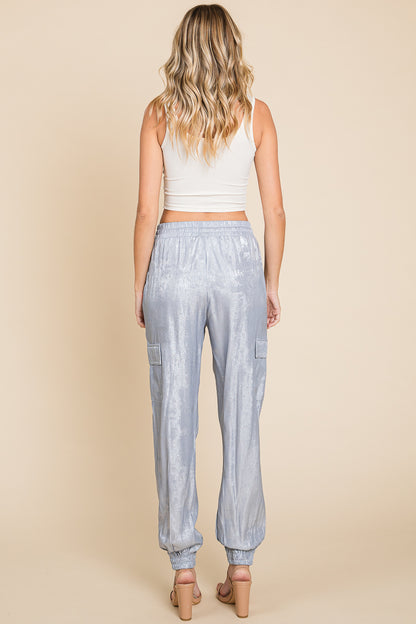 Foil Effect Drawstring Waist Cargo Pants Joggers