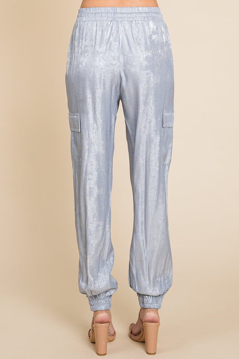 Foil Effect Drawstring Waist Cargo Pants Joggers