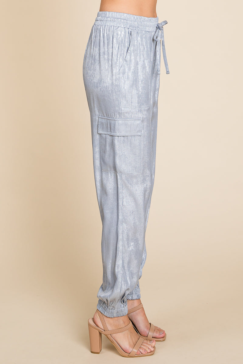 Foil Effect Drawstring Waist Cargo Pants Joggers