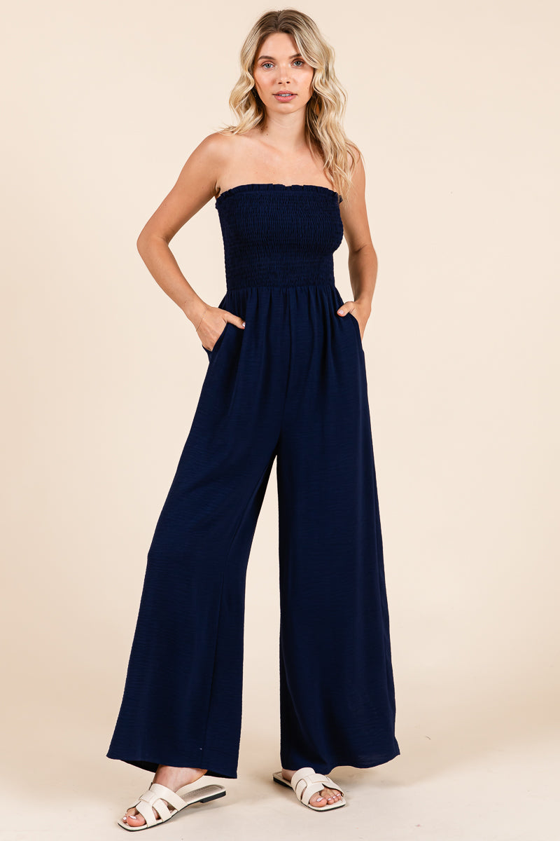 Strapless Smocked Wide-Leg Jumpsuit 1-Piece Outfit
