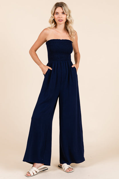 Strapless Smocked Wide-Leg Jumpsuit 1-Piece Outfit