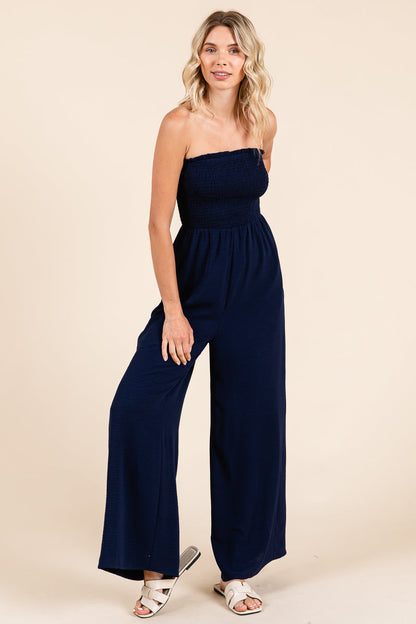 Strapless Smocked Wide-Leg Jumpsuit 1-Piece Outfit