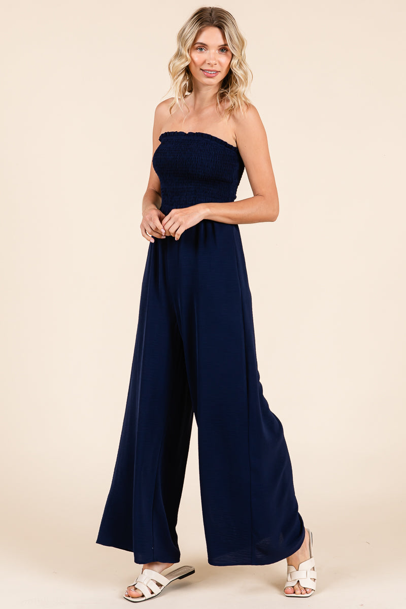 Strapless Smocked Wide-Leg Jumpsuit 1-Piece Outfit