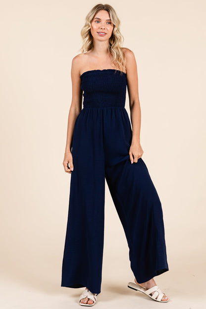 Strapless Smocked Wide-Leg Jumpsuit 1-Piece Outfit