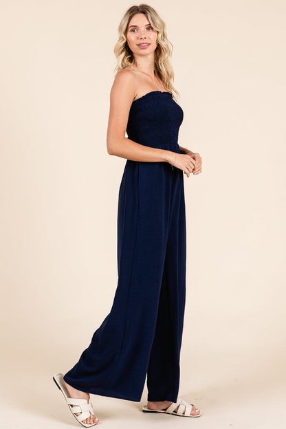 Strapless Smocked Wide-Leg Jumpsuit 1-Piece Outfit