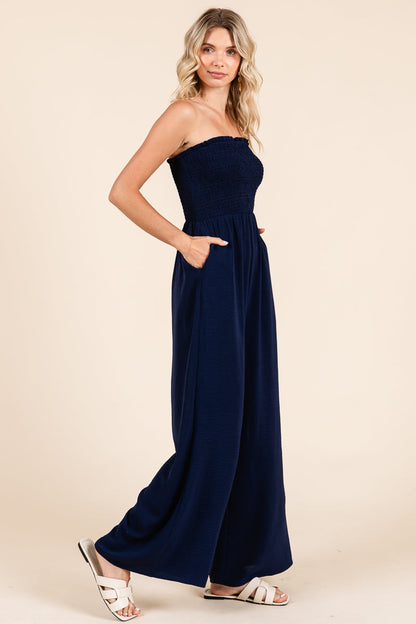 Strapless Smocked Wide-Leg Jumpsuit 1-Piece Outfit
