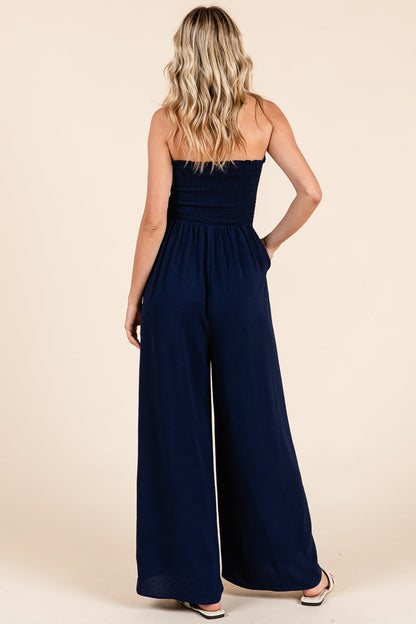 Strapless Smocked Wide-Leg Jumpsuit 1-Piece Outfit