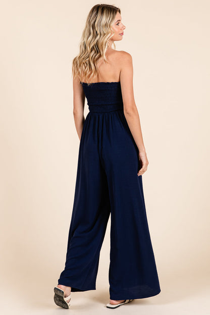 Strapless Smocked Wide-Leg Jumpsuit 1-Piece Outfit