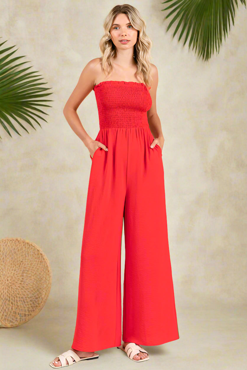 Strapless Smocked Wide-Leg Jumpsuit 1-Piece Outfit