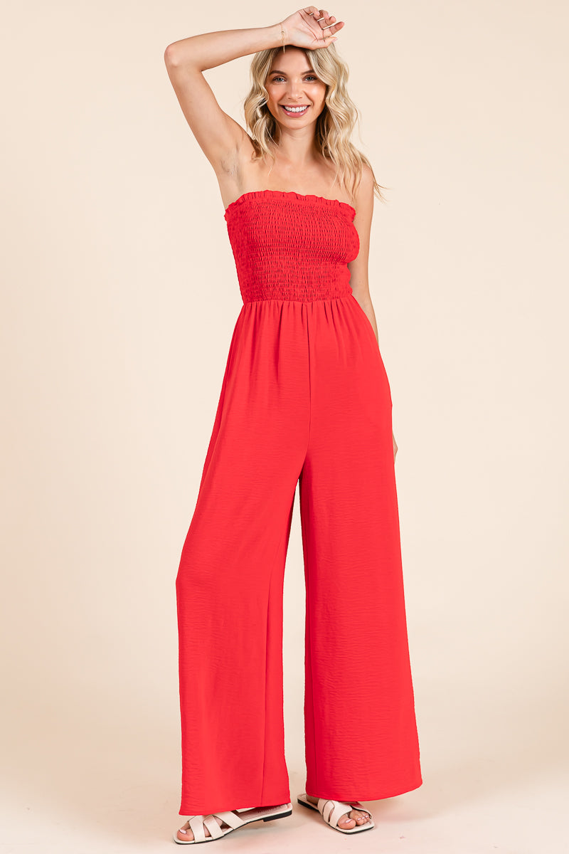 Strapless Smocked Wide-Leg Jumpsuit 1-Piece Outfit